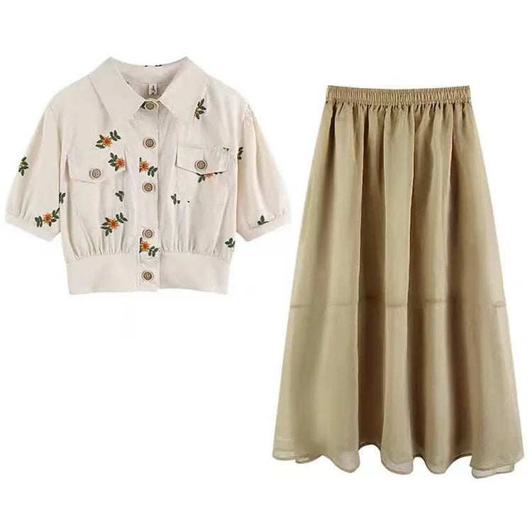 Floral Embroidery Lapel Pocket T-Shirt High Waist Skirt