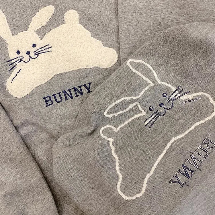 Pure Color Bunny Letter Embroidery Long Sleeve Sweatshirt