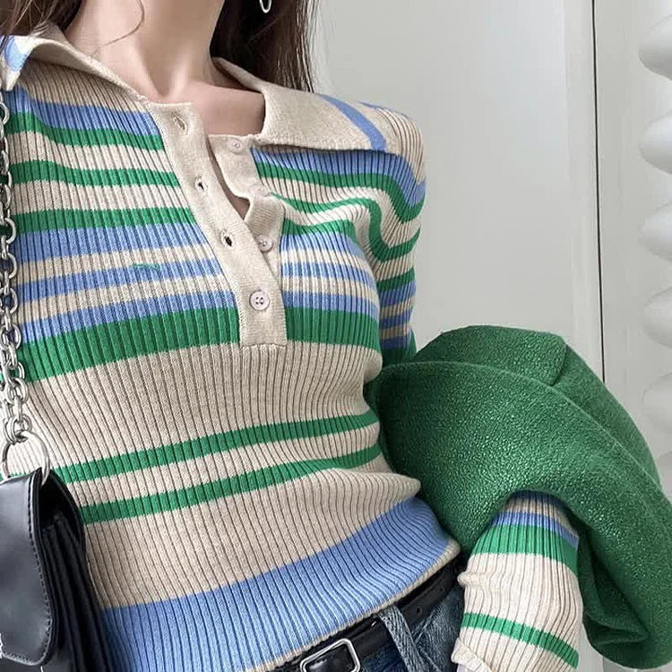 Chic Collar Striped Print Colorblock Lapel Knit Shirt