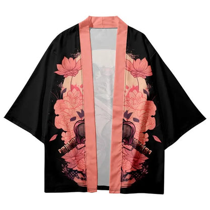 Vintage Cat Warriors Print Cardigan Kimono Outerwear