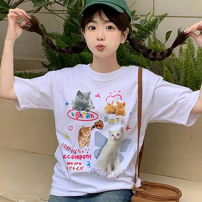 Cute Kitty Letter Print Round Neck Oversized T-Shirt