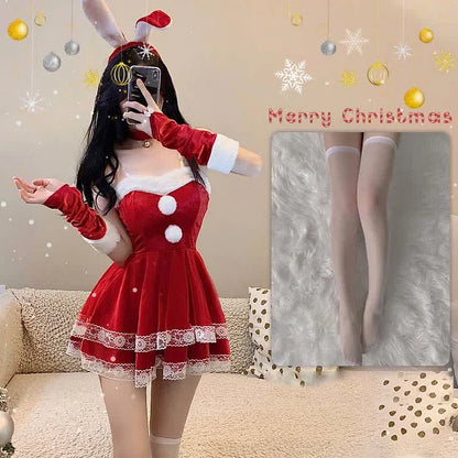 Christmas Cute Sexy Cosplay Fuzzy Ball Double Lace Dress