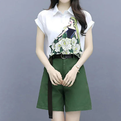 Chic Blossom Girl Print Chiffon T-Shirt Casual Shorts