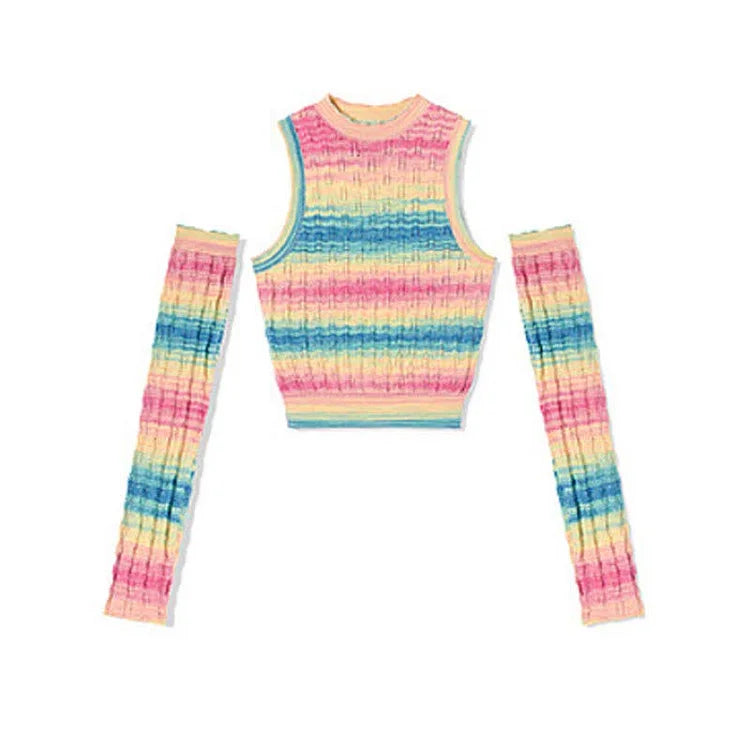 Chic Rainbow Striped Colorblock Crop Top With Sleeves