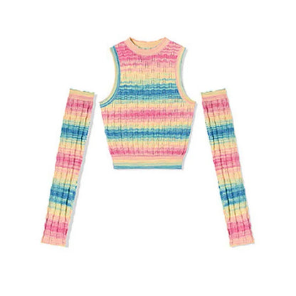 Chic Rainbow Striped Colorblock Crop Top With Sleeves