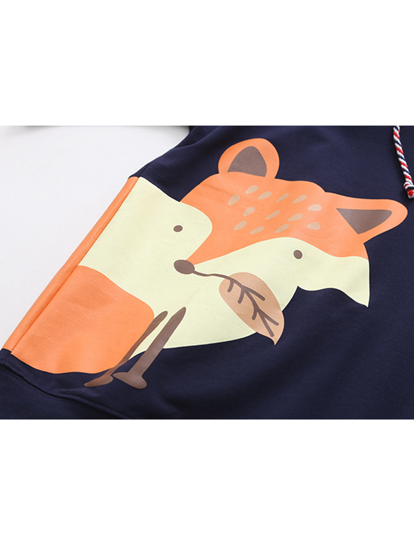 Cartoon Fox Leaf Print Drawstring Hooded T-Shirt