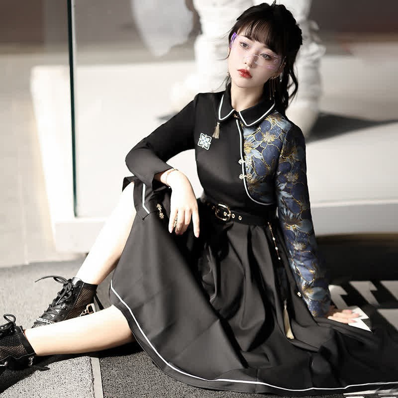 Vintage Lapel Floral Embroidery Button Irregular Dress With Belt
