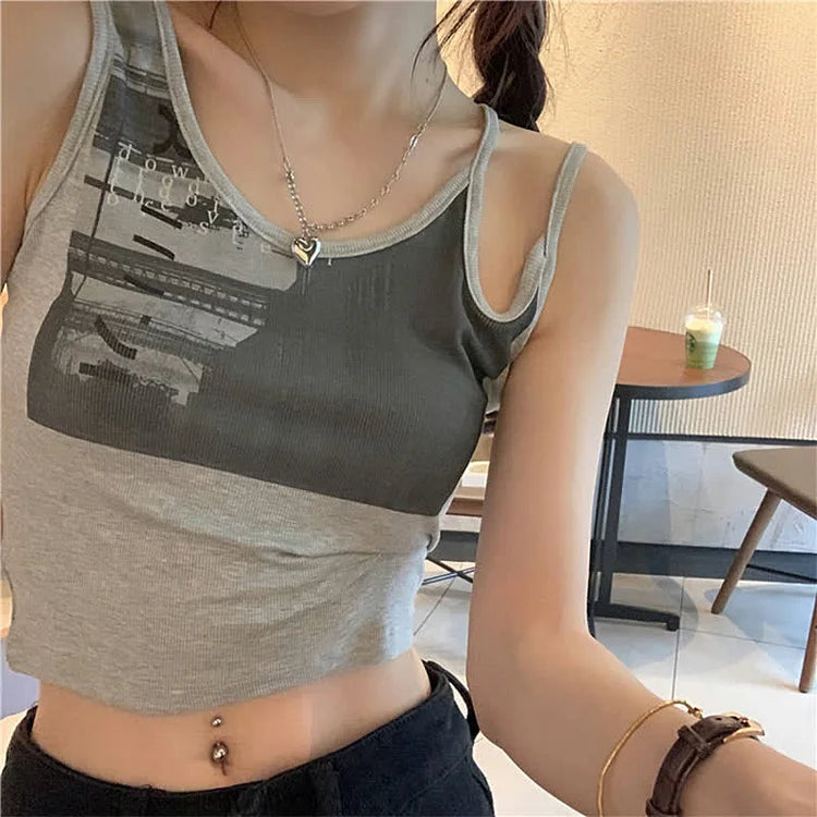 Preppy Printed Camisole Graphic Letter T-Shirt Drawstring Pants Two Piece Set