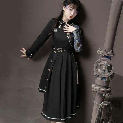 Vintage Lapel Floral Embroidery Button Irregular Dress With Belt