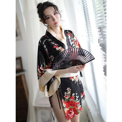 Japanese Kimono Floral Cosplay Silk Lingerie Dress