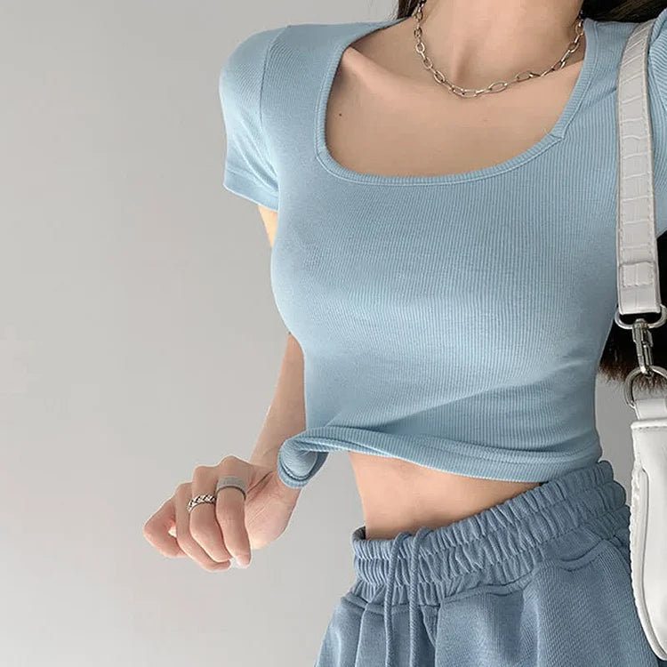 Chic Pure Color Round Neck Crop Top T-Shirt