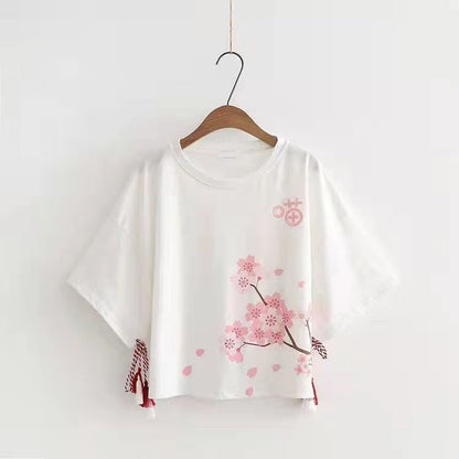 Kawaii Sakura Print Tassel T-Shirt Pants Two Piece Set