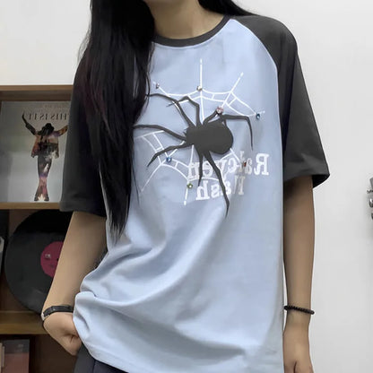 Spider Letter Print Round Neck Colorblock T-Shirt