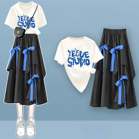 Cartoon Letter Print T-Shirt Irregular Bow Decor Skirt Two Piece Set