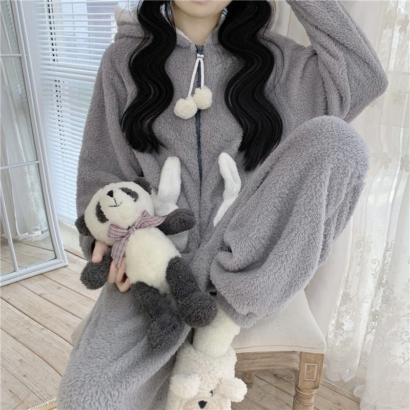 Kawaii Cartoon Bunny Hooded Plush Jumpsuit Pajamas Set