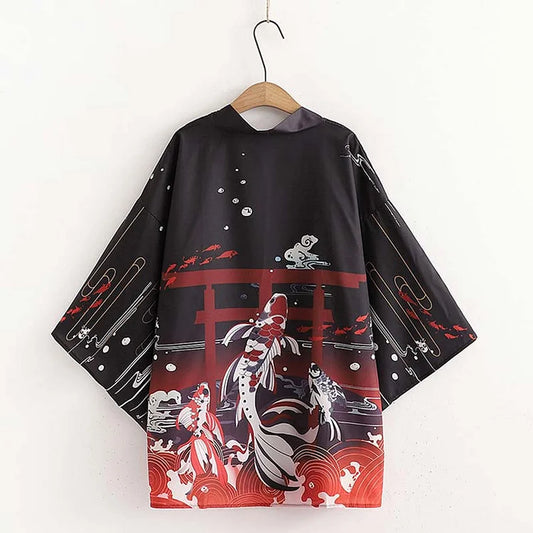 Koi Fish Moon Wave Crisp Print Kimono Outerwear