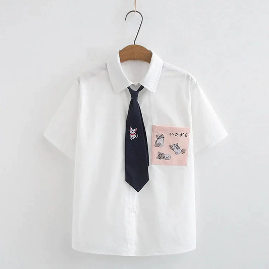 Kawaii College Style T-Shirt Sweet Pocket Cat Embroiderey Tie