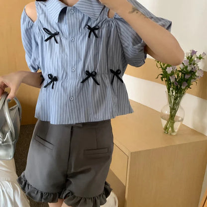 Striped Hollow Out Puff Sleeve Bowknot T-Shirt Lace Hem Shorts