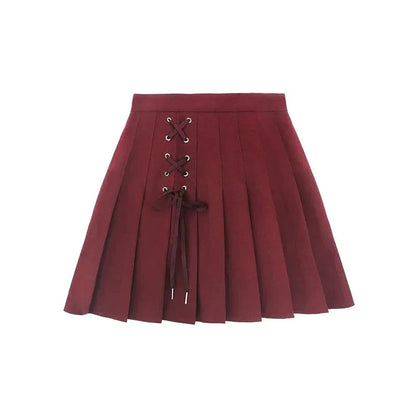 Chic Lace Up High Waist Pleated Short Skirt