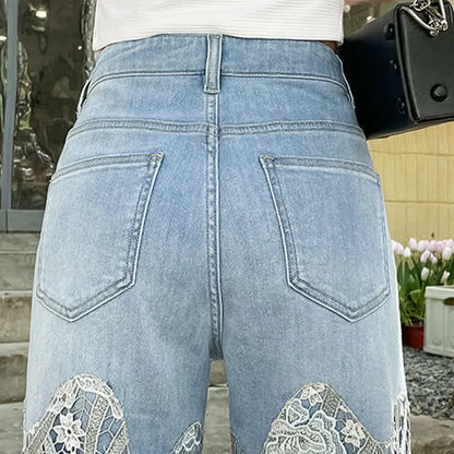 High Waist Lace Stitching Hollow Out Fringed Denim Pants