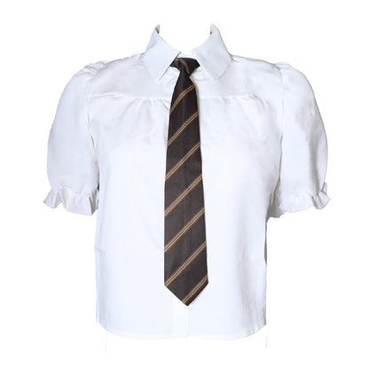JK Puff Sleeve Shirt Tie Pleated Suspender Skirt