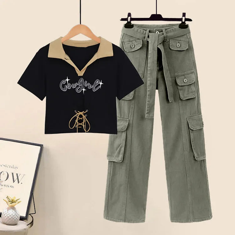 Chic Letter Print Lace Up Crop Top T-Shirt Cargo Pants Two Piece Set