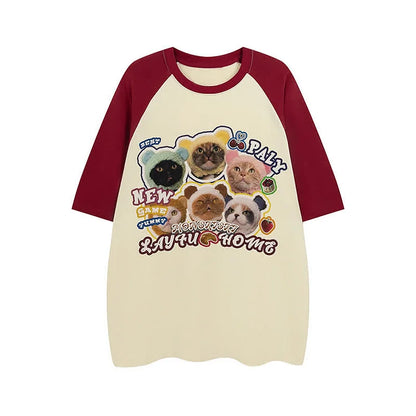 Kitty Letter Print Round Neck Colorblock T-Shirt