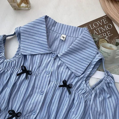 Striped Hollow Out Puff Sleeve Bowknot T-Shirt Lace Hem Shorts