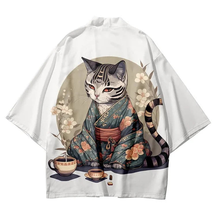 Vintage Cat Warriors Print Cardigan Kimono Outerwear