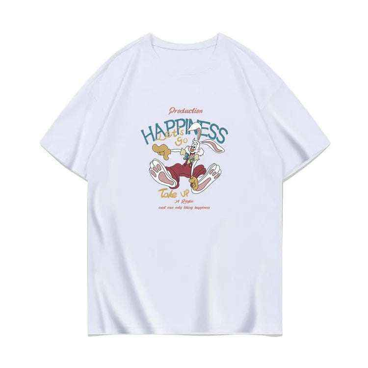 Cartoon Bunny Bear Sheep Letter Print Loose T-Shirt