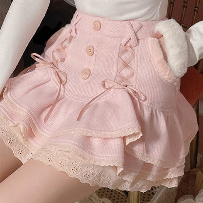 Kawaii Button Lace High Waist Mini Skirt Shirt Vest Three Piece