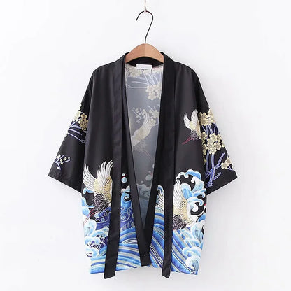 Vintage Crane Blossom Print Cardigan Kimono Outerwear