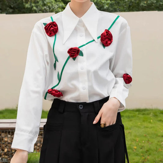 3D Blossom Flower Decor Lapel Long Sleeve Shirt