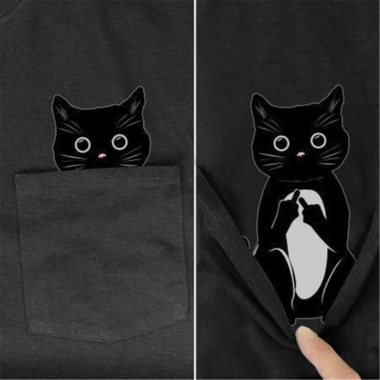 Funny Pocket Black Cat T-Shirt