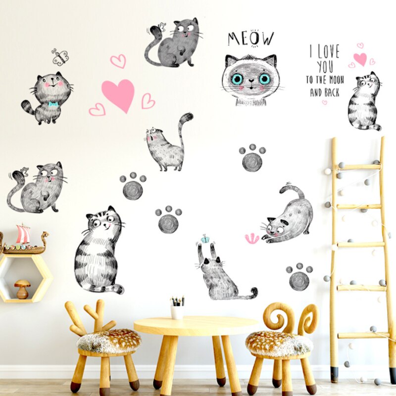Black Hand-Painted Cute Cat Wall Stickers