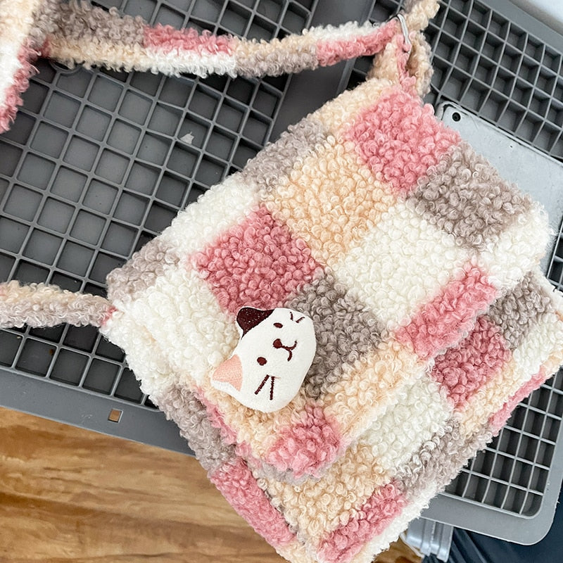 Kawaii Plaid Colorblock Plush Crossbody Bag