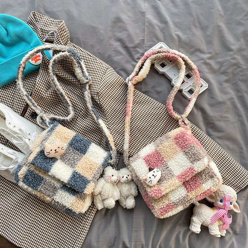 Kawaii Plaid Colorblock Plush Crossbody Bag