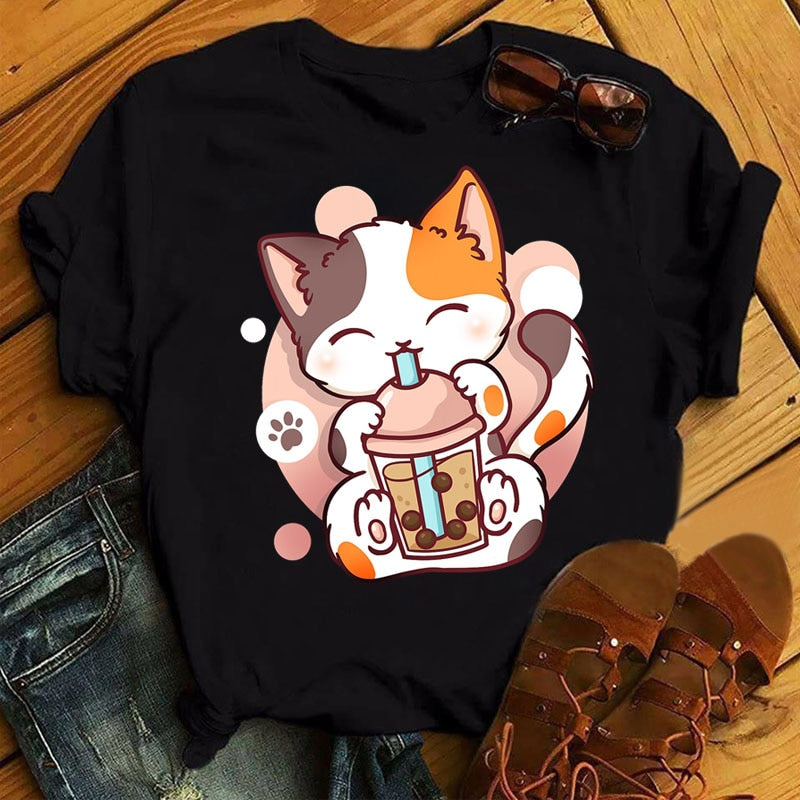 Kawaii Cartoon Milk Tea Cat T-Shirt - Meowhiskers