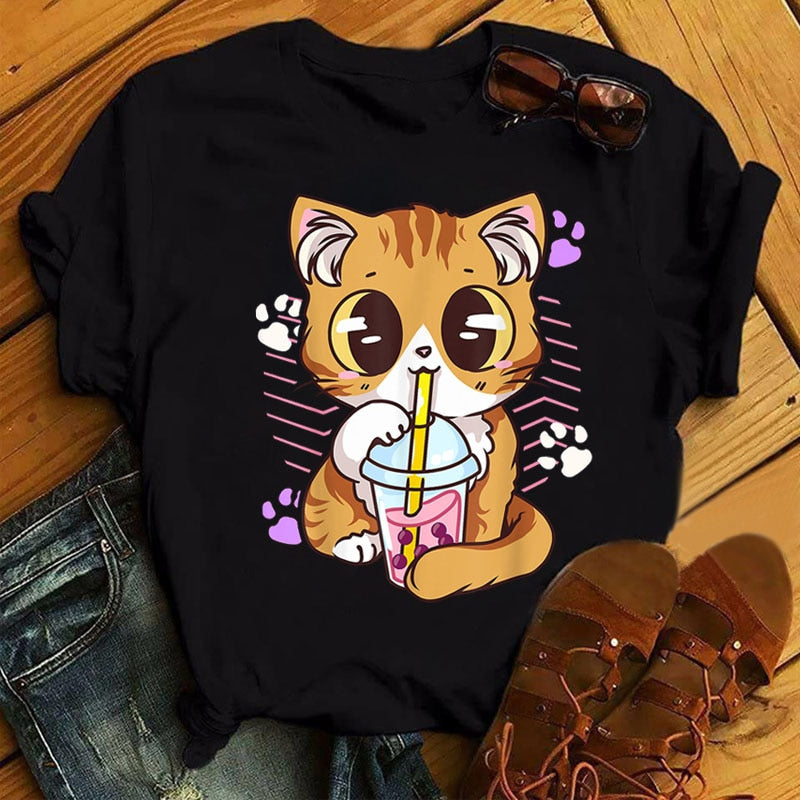 Cute Cartoon Milk Tea Cat T-Shirt - Meowhiskers