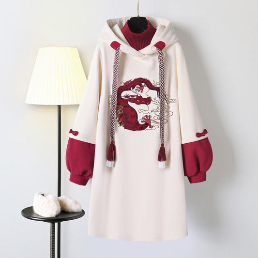 Red Dragon Embroidery Hoodies Sweatshirt Dress -  - Kawaii Bonjour