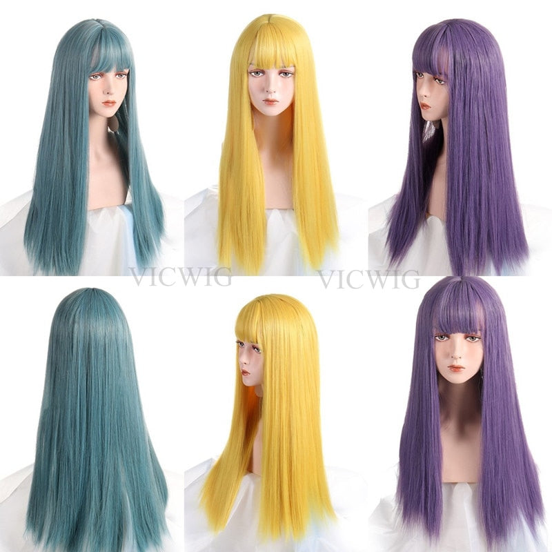 Cosplay Multi Color Long Straight Wig With Bangs