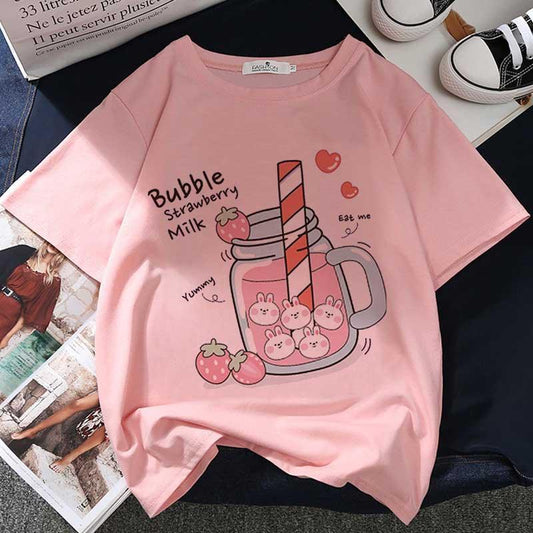 Kawaii Bubble Strawberry Milk T-Shirt - New, T-Shirt - Kawaii Bonjour