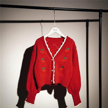 Cherry Embroidery Knitted Cardigan - Cardigan - Kawaii Bonjour