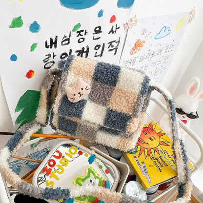 Kawaii Plaid Colorblock Plush Crossbody Bag