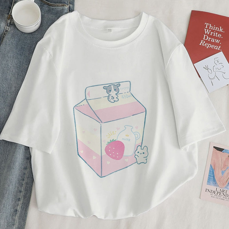 Kawaii Strawberry Box Juice & Bunny T-Shirt - New, T-Shirt - Kawaii Bonjour