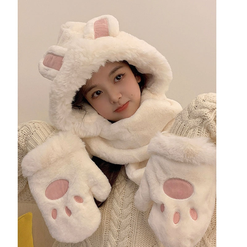 Kawai Fluffy Rabbit Ears Hat Gloves Scarves