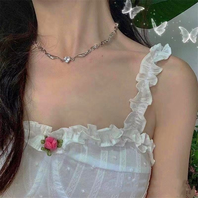 Kawaii Silver Love Heart Crystal Necklace