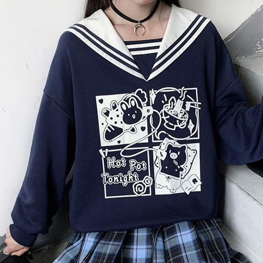 Kawaii Sailor Collar Cartoon Letter Sweatshirt