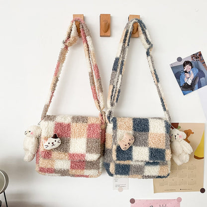 Kawaii Plaid Colorblock Plush Crossbody Bag