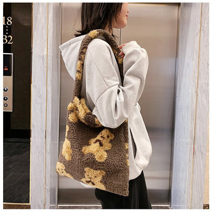 Kawaii Canvas Fluffy Bear Tote Bag